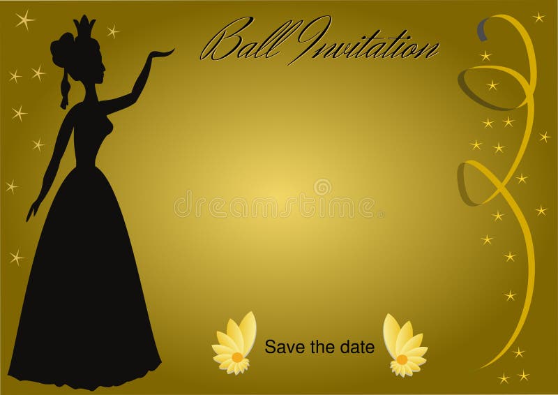 Invitation de boule avec la silhouette de dame de cru sur le fond d'or de gradient avec les rubans d'or et petit luxueux illustration libre de droits Invitation de boule avec la silhouette de dame de cru sur le fond d'or de gradient avec les rubans d'or et petit luxueux illustration libre de droits