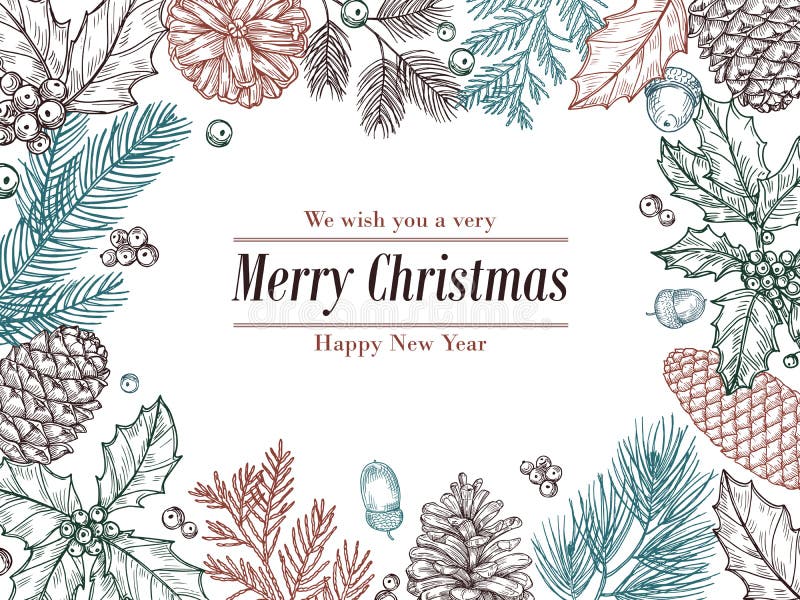 Invitation de vintage de Noël Le pin de sapin d'hiver s'embranche, frontière florale de pinecones Noël, cadre botanique de croqui illustration stock