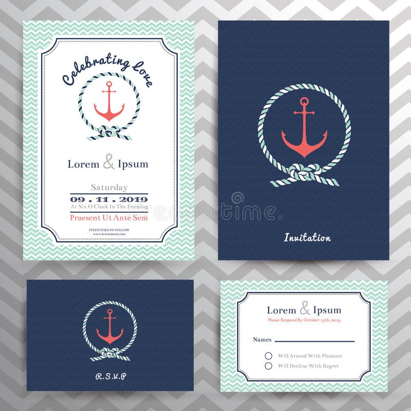 Nautical wedding invitation and RSVP card template set in anchor and rope design element. Nautical wedding invitation and RSVP card template set in anchor and rope design element.