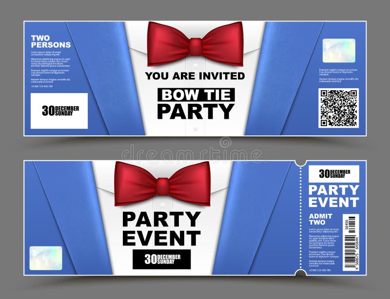 Vector horizontal cocktail party event invitations. Red bow tie official isolated businessmen banners. Elegant party ticket card with blue suit and white shirt. Vector horizontal cocktail party event invitations. Red bow tie official isolated businessmen banners. Elegant party ticket card with blue suit and white shirt