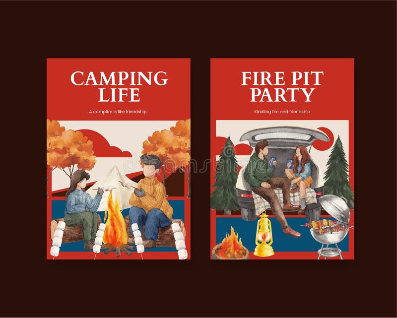 Invite Card Template with Bonfire Party Concept watercolor Style Stock Invite Card Template with Bonfire Party Concept watercolor Style Stock