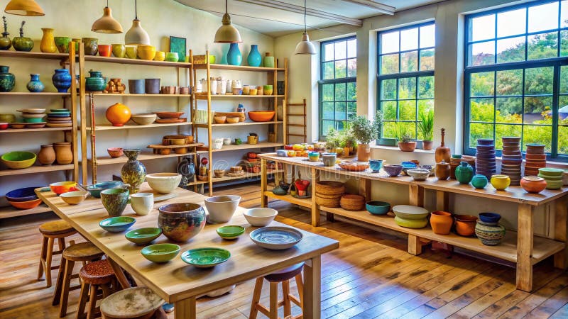 An inviting ceramics painting studio with paint and brushes Artistic and colorful style AI-Created Content stock images
