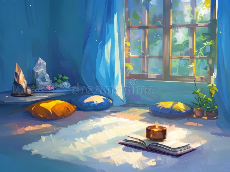 Inviting corner highlighted by soft cushions and flickering candles. Sunlight streams through colorful curtains, creating a vector illustration