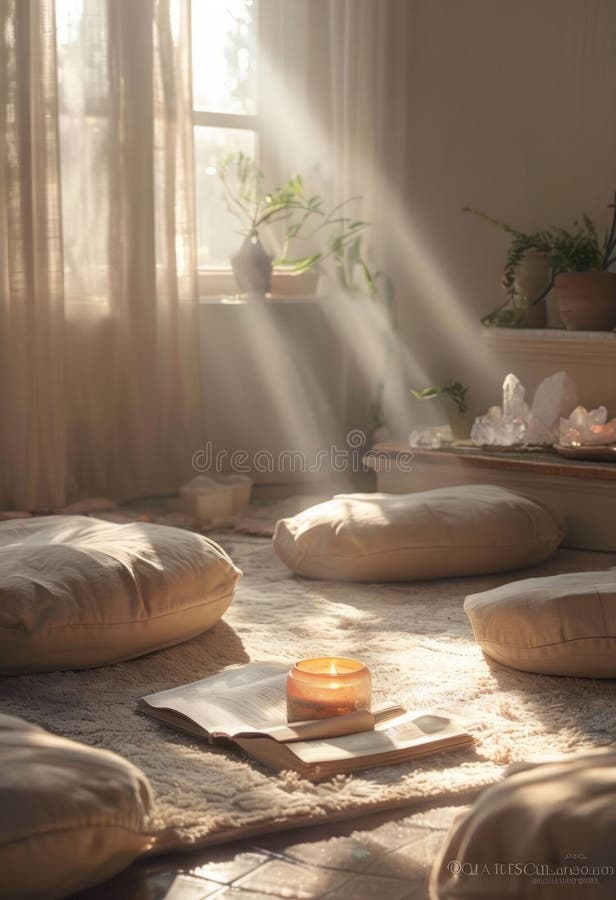 Inviting corner with soft cushions, candle, and open book on plush rug. Gentle sunrays create a warm, calming ambiance royalty free stock photos