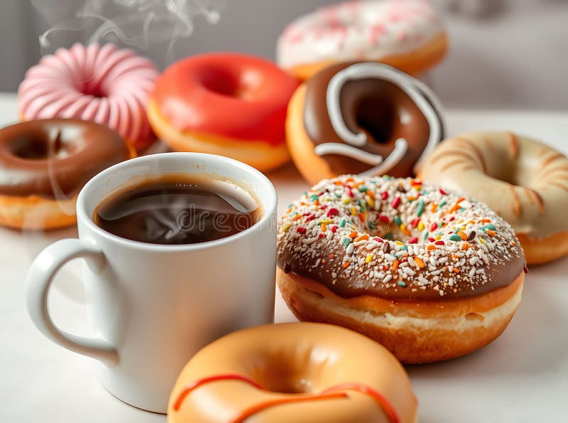 Assortment of Delicious Glazed Donuts with Steaming Coffee, vector illustration.