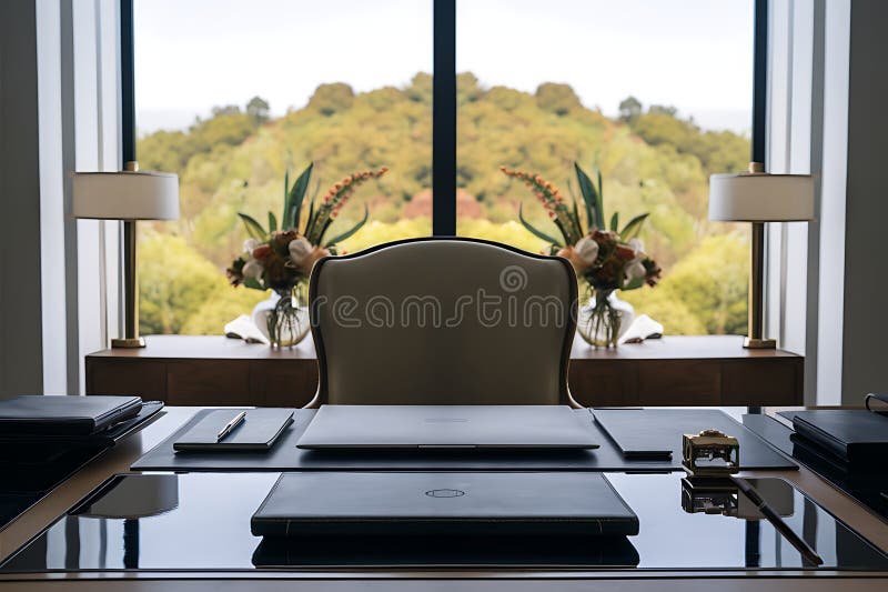 Office Table with Laptop, Notebook, and a Window Overlooking a Relaxing Nature View vector illustration