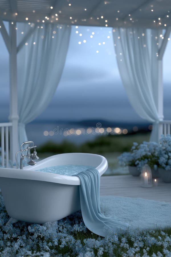 Inviting setting features a spacious bath draped with a soft blanket, surrounded by flowers and illuminated by soft stock photo