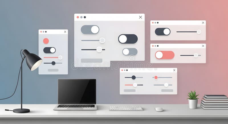 Modern Workspace with Laptop and UI Elements on Desk, Abstract Design stock image