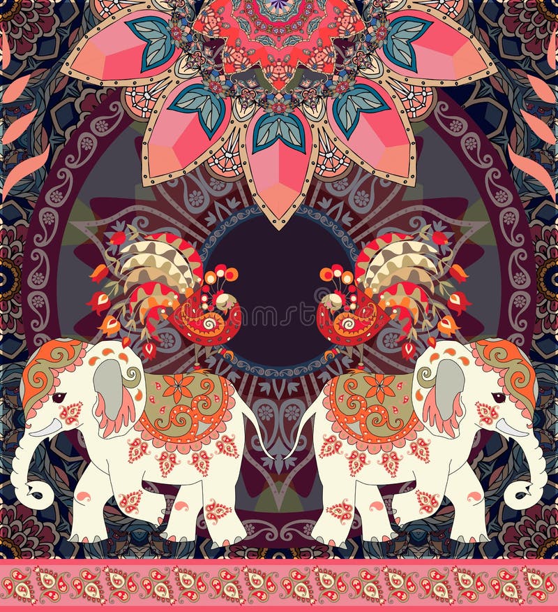 Invito d'annata di nozze, cartolina d'auguri o retro modello senza cuciture di lusso con gli elefanti, i pavoni, la mandala e Pai illustrazione di stock Invito d'annata di nozze, cartolina d'auguri o retro modello senza cuciture di lusso con gli elefanti, i pavoni, la mandala e Pai illustrazione di stock