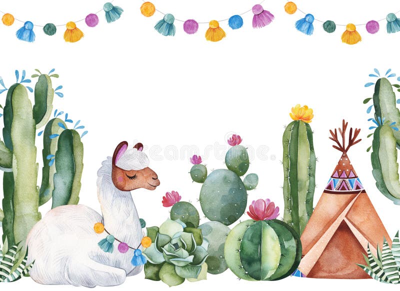 Invito del partito con il cactus verde dell'acquerello, i succulenti, i fiori, le ghirlande, il tepee ed il lama sveglio illustrazione vettoriale Invito del partito con il cactus verde dell'acquerello, i succulenti, i fiori, le ghirlande, il tepee ed il lama sveglio illustrazione vettoriale