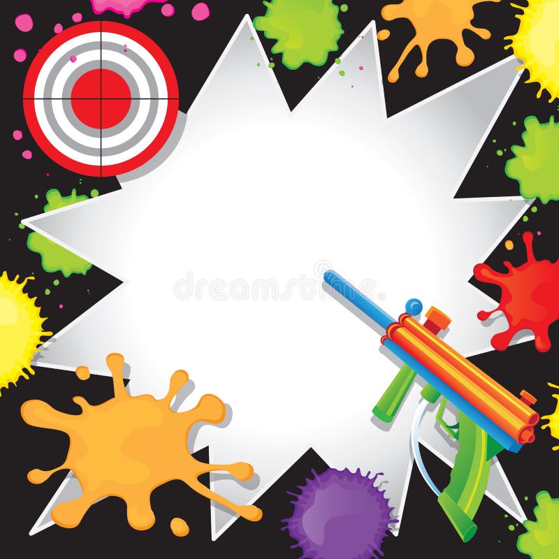 Super fun Paintball Birthday Invitation with colorful paintball gun shooting at a bullseye target with cool comic book starbursts paint splatters. Super fun Paintball Birthday Invitation with colorful paintball gun shooting at a bullseye target with cool comic book starbursts paint splatters