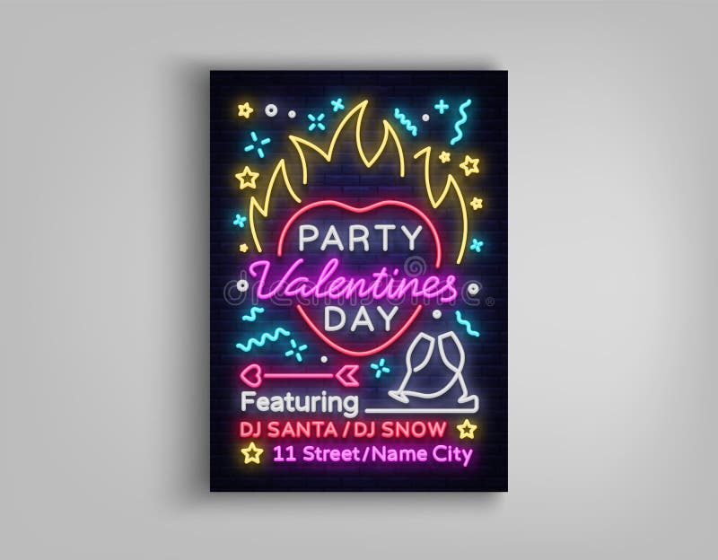 Invito di giorno di biglietti di S. Valentino ad una cartolina del partito Insegna al neon, modello di progettazione, pubblicità illustrazione di stock Invito di giorno di biglietti di S. Valentino ad una cartolina del partito Insegna al neon, modello di progettazione, pubblicità illustrazione di stock