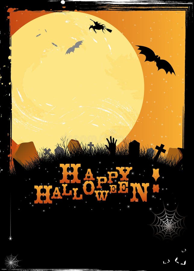 Halloween invitation or card in orange design depicting starry night, witch, bats, graves, crosses, web, zombie hand. Halloween invitation or card in orange design depicting starry night, witch, bats, graves, crosses, web, zombie hand...