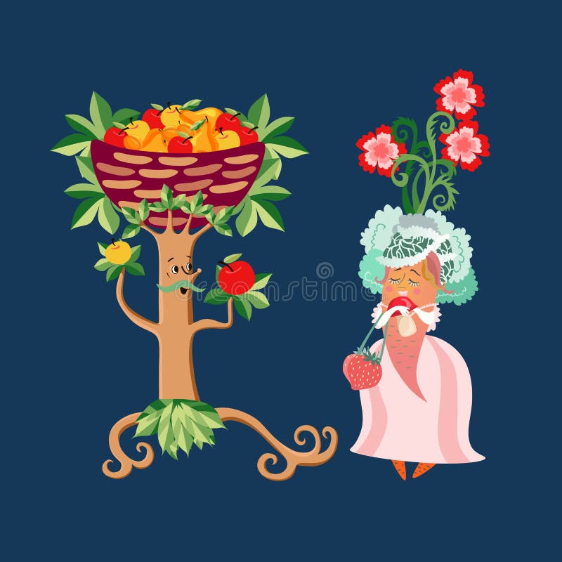 Invito unico di nozze con i personaggi dei cartoni animati svegli per un vegetariano Albero da frutto dello sposo e carota della illustrazione vettoriale Invito unico di nozze con i personaggi dei cartoni animati svegli per un vegetariano Albero da frutto dello sposo e carota della illustrazione vettoriale