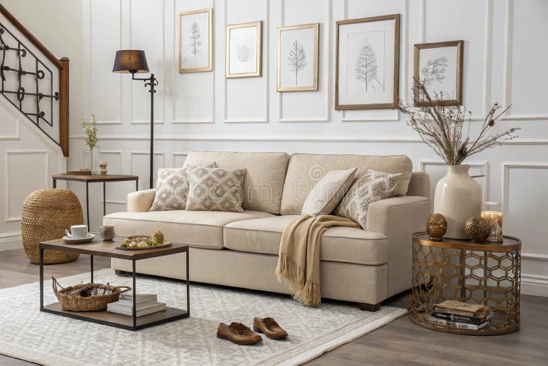 Invändig plats med modulär soffa och affischramar stock illustrationer