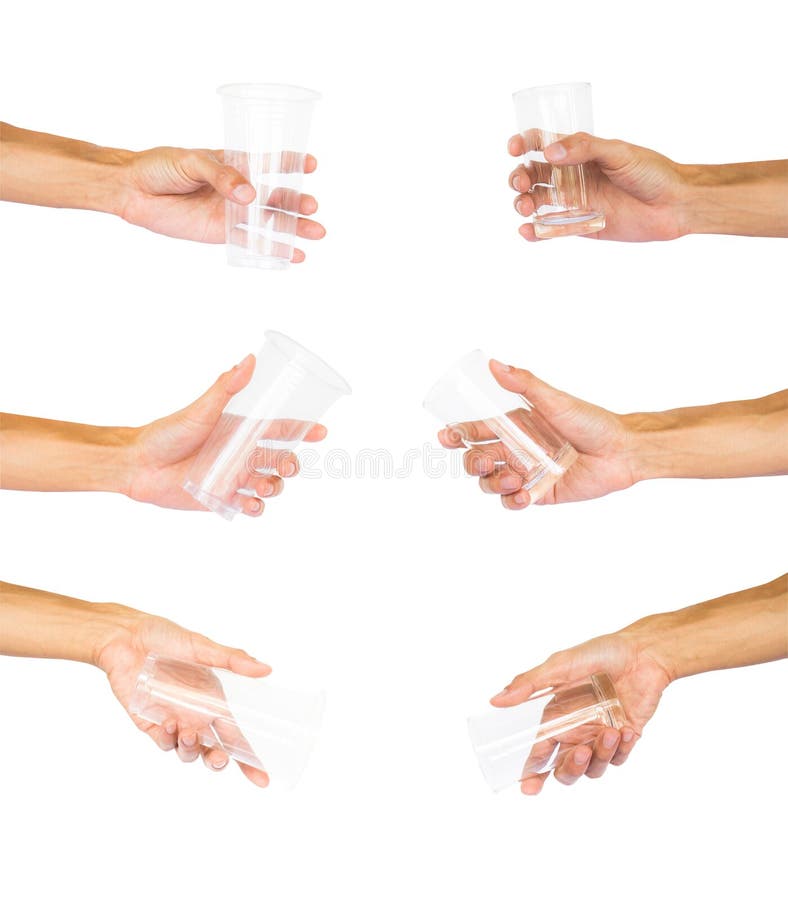 Inzameling die van hand leeg glas en transparant plastic c houdt royalty-vrije stock foto Inzameling die van hand leeg glas en transparant plastic c houdt royalty-vrije stock foto