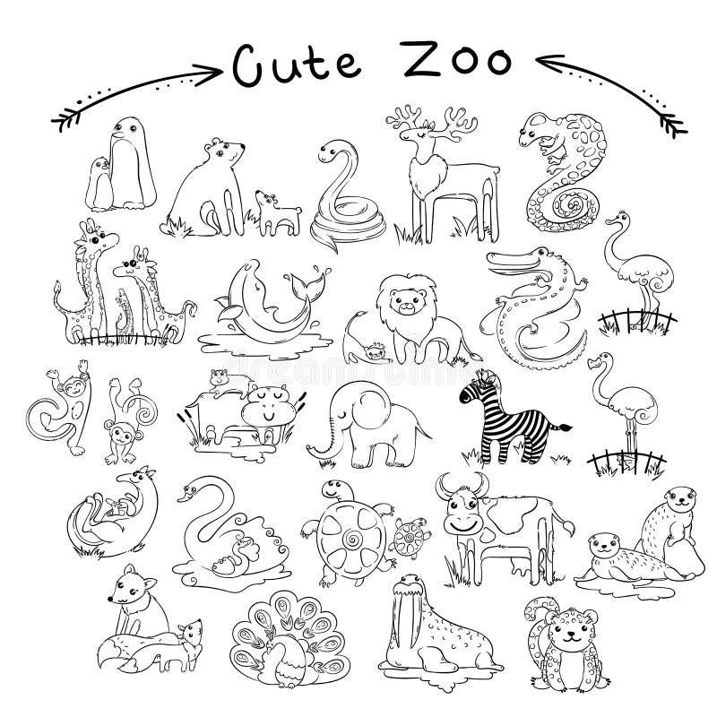 Inzameling van de leuke dieren van de beeldverhaalkrabbel en vogels van de wereld Gevoerd voor het kleuren van pagina's stock illustratie Inzameling van de leuke dieren van de beeldverhaalkrabbel en vogels van de wereld Gevoerd voor het kleuren van pagina's stock illustratie