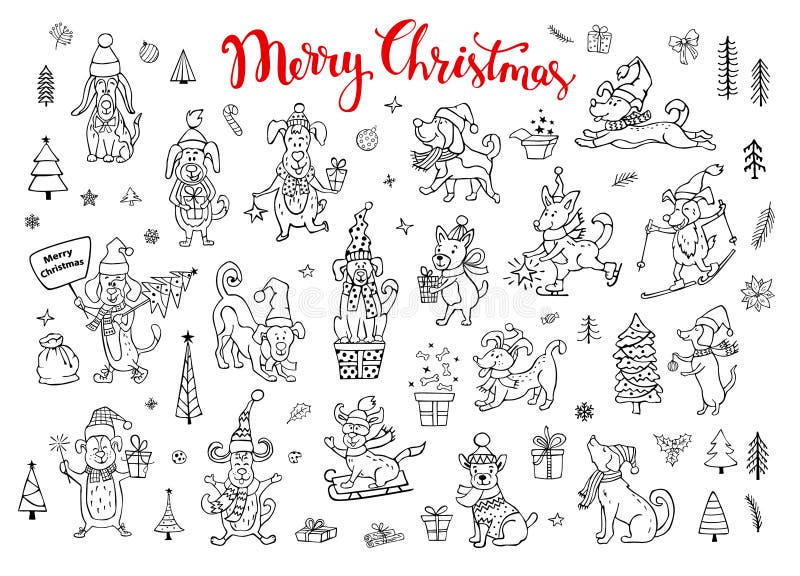 Inzameling van leuke grappige Kerstmis en gelukkig nieuw jaar 2018 die gelukwensend de krabbelhonden van de schetsstijl begroeten stock illustratie Inzameling van leuke grappige Kerstmis en gelukkig nieuw jaar 2018 die gelukwensend de krabbelhonden van de schetsstijl begroeten stock illustratie