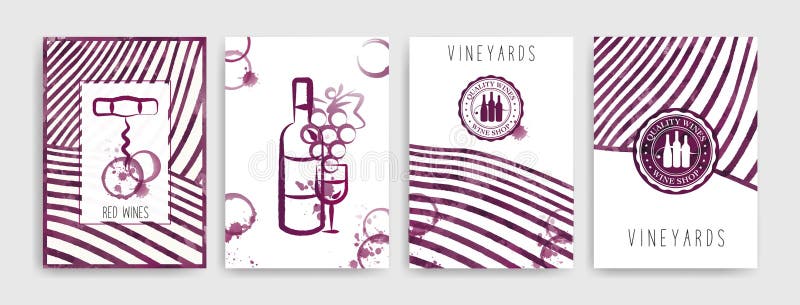 Inzameling van malplaatjes met wijnontwerpen Brochures, affiches, uitnodigingskaarten, bevorderingsbanners, menu's De wijn bevlek royalty-vrije illustratie Inzameling van malplaatjes met wijnontwerpen Brochures, affiches, uitnodigingskaarten, bevorderingsbanners, menu's De wijn bevlek royalty-vrije illustratie