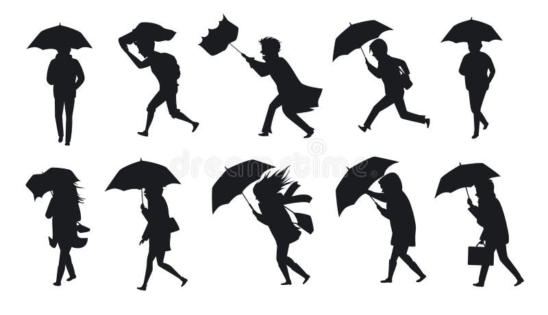 Inzameling van mensen die onder de wind van het regenonweer met paraplu's lopen stock illustratie Inzameling van mensen die onder de wind van het regenonweer met paraplu's lopen stock illustratie