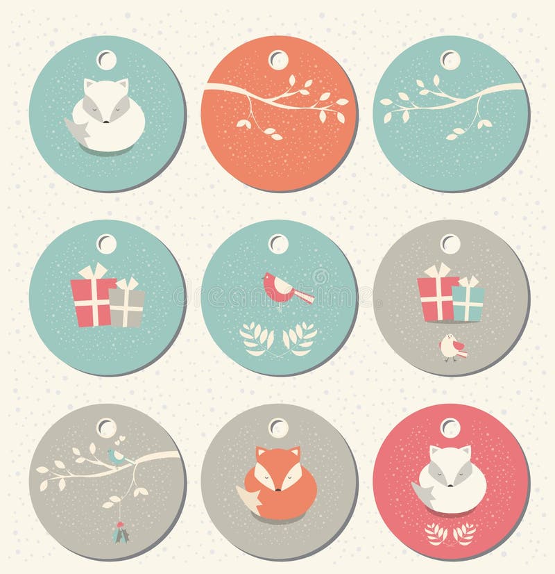 Inzameling van ronde Kerstmis 9 en Nieuwjaargiftmarkeringen met vossen stock illustratie Inzameling van ronde Kerstmis 9 en Nieuwjaargiftmarkeringen met vossen stock illustratie