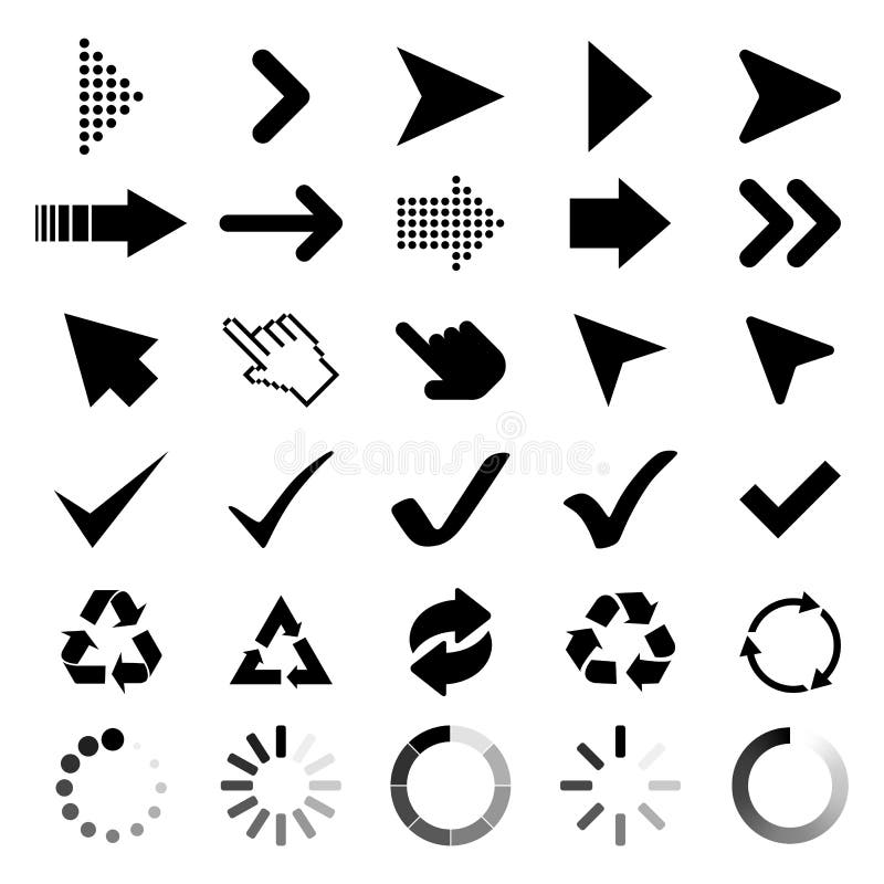 Inzamelingspijlen, Curseurpictogrammen, Vinkjes, zwarte Kringloop en ladingssymbool Pijlpictogrammen Curseur vectorpictogram Recy royalty-vrije illustratie Inzamelingspijlen, Curseurpictogrammen, Vinkjes, zwarte Kringloop en ladingssymbool Pijlpictogrammen Curseur vectorpictogram Recy royalty-vrije illustratie