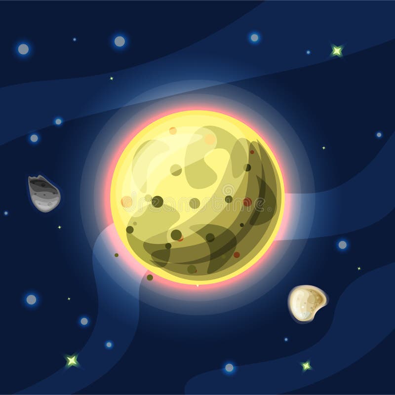 Io vektortecknad filmillustration Gul Jupitermåne Io av solsystemet i mörkt djupblått utrymme som isoleras på blått royaltyfri illustrationer Io vektortecknad filmillustration Gul Jupitermåne Io av solsystemet i mörkt djupblått utrymme som isoleras på blått royaltyfri illustrationer