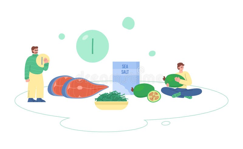 Iodine enriched food for healthy diet, flat vector illustration isolated.