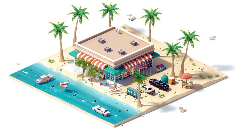Iometric 3d store building ö med en grocery store palm och en omgivande strand som visar upp en kafé vid sidan om stock illustrationer