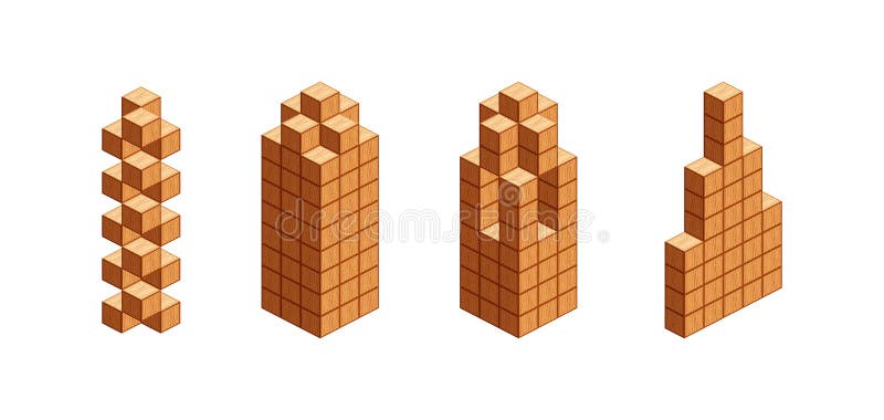 Iometriska träkuber för barn som lär sig tornträbitar som är olika isolerade på vitt 3d-kuber för logik stock illustrationer