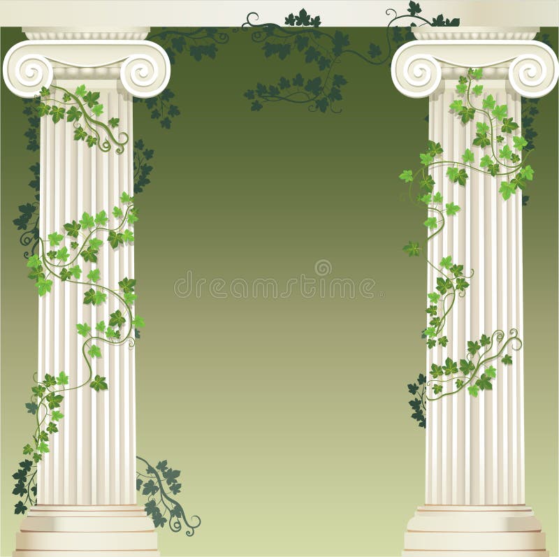 Two Ionic columns entwined with ivy. Two Ionic columns entwined with ivy