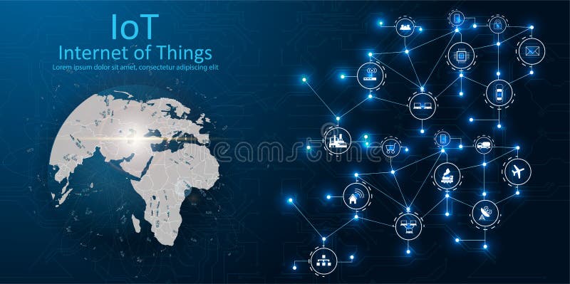 IOT, devices and connectivity concepts on a network, cloud at center. digital circuit board above the planet Earth. royalty free illustration IOT, devices and connectivity concepts on a network, cloud at center. digital circuit board above the planet Earth. royalty free illustration