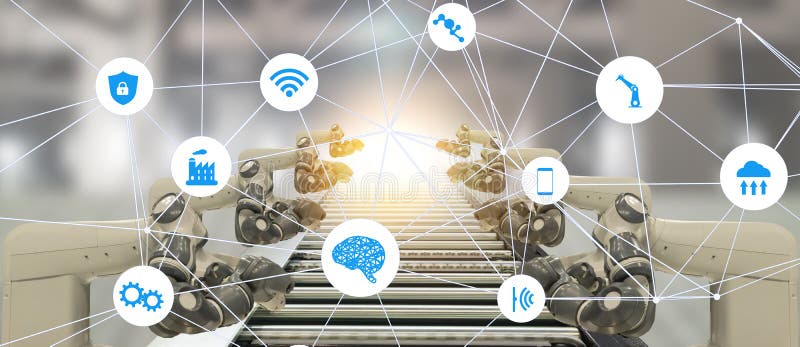 Iot-Industrie 4 0 Technologiekonzept der künstlichen Intelligenz Intelligente Fabrik unter Verwendung des Neigens Automatisierung