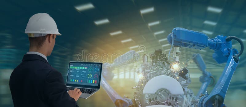 Iot industry 4.0 concept,industrial engineer using software augmented, virtual reality in tablet to monitoring machine in real t