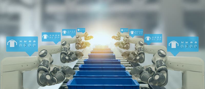 Iot industry 4. 0 concept. Smart factory using automation robotic arms with augmented mixed virtual reality technology to show data stock photo