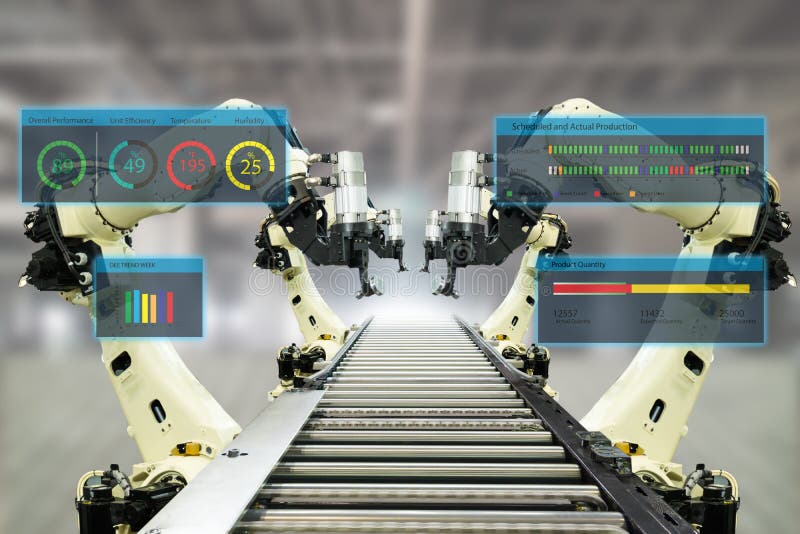 Iot industry 4.0 concept.Smart factory using automation robotic arms with augmented mixed virtual reality technology to show data stock image Iot industry 4.0 concept.Smart factory using automation robotic arms with augmented mixed virtual reality technology to show data stock image