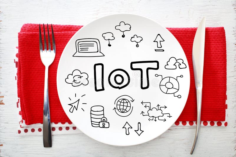IOT - Internet av sakerbegreppet på den vita plattan royaltyfria foton IOT - Internet av sakerbegreppet på den vita plattan royaltyfria foton