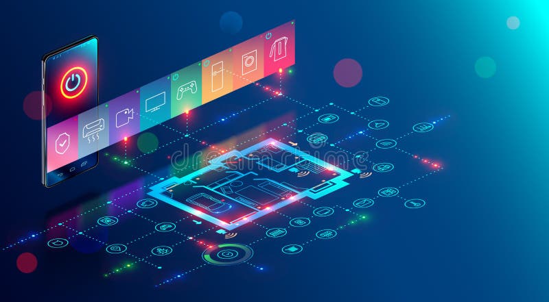 Smart Home. IOT isometric concept. mobile app of smart home controls Internet of things via phone. stock illustration