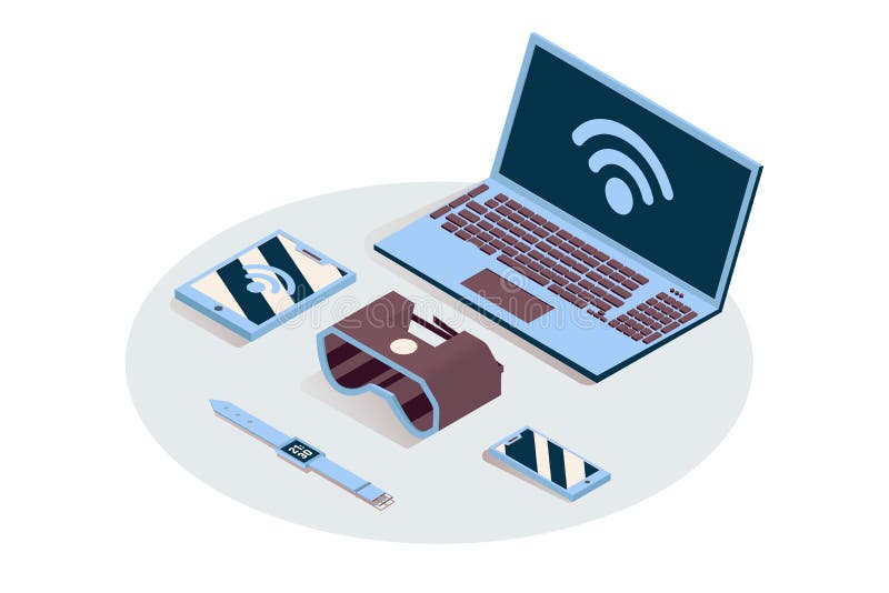Iot, portable electronics vector isometric illustration. Internet of things, cloud computing service, synchronized vector illustration Iot, portable electronics vector isometric illustration. Internet of things, cloud computing service, synchronized vector illustration