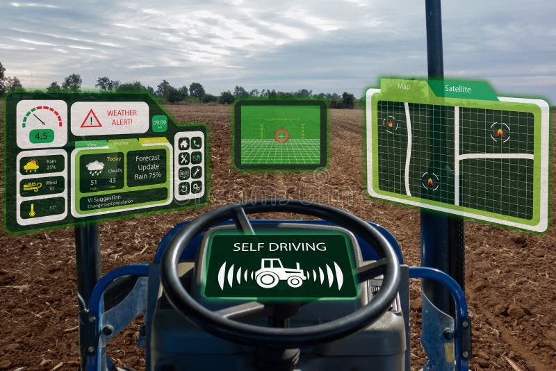 Iot przemysłu mądrze robot 4 (0) rolnictw pojęć, przemysłowy agronom, rolnik używa autonomicznego ciągnika z jaźni napędowym tech