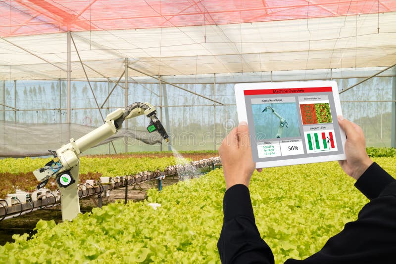 Iot przemysłu mądrze robot 4 (0) rolnictw pojęć, przemysłowy agronom, rolnik używa oprogramowanie Sztucznej inteligenci technolog