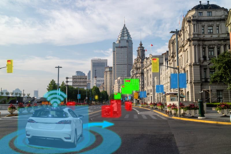 Iot smart automotive Driverless car with artificial intelligence combine with deep learning technology. self driving car can situa