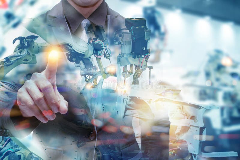 Iot smart factory , industry 4. 0 technology concept, Engineer point hand with robot in automation factory background with fake sun stock photography