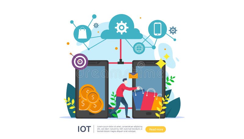 IOT smart house monitoring concept for industrial 4. 0 online market on smartphone screen of internet of things connected objects. stock illustration