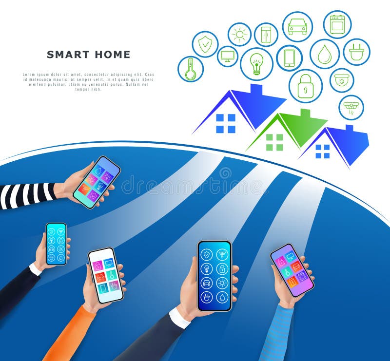 IOT или интернет концепции вещей Умный домашний контроль системы через мобильное приложение и домашнюю сеть Современное technolo иллюстрация вектора IOT или интернет концепции вещей Умный домашний контроль системы через мобильное приложение и домашнюю сеть Современное technolo иллюстрация вектора