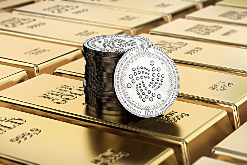 IOTA coins laying on stacked gold bars gold ingots rendered with shallow depth of field. vector illustration IOTA coins laying on stacked gold bars gold ingots rendered with shallow depth of field. vector illustration