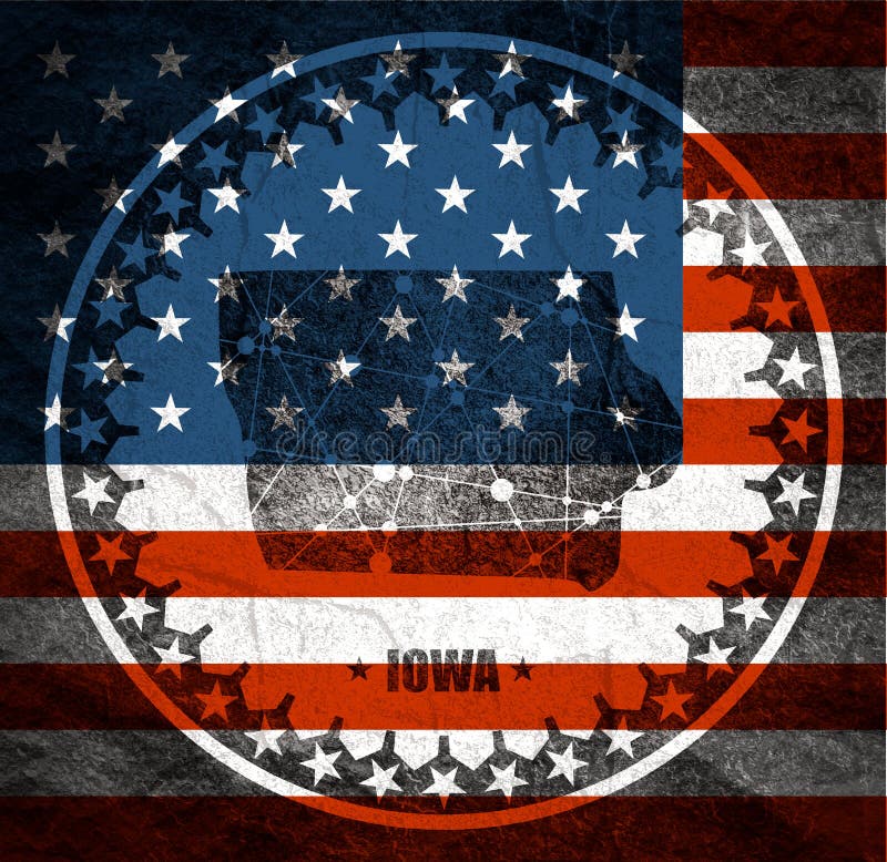 Iowa state map. Image relative to USA travel. Iowa state map textured by lines and dots pattern. Stamp in the shape of a circle. Flag of the USA stock illustration Iowa state map. Image relative to USA travel. Iowa state map textured by lines and dots pattern. Stamp in the shape of a circle. Flag of the USA stock illustration