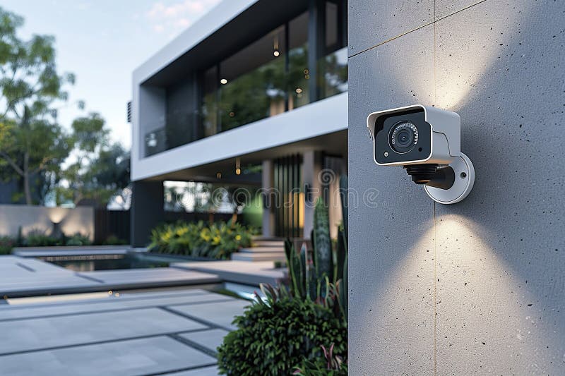 An IP camera is installed on the wall of a luxury house. The concept of protecting private property. Generated by vector illustration