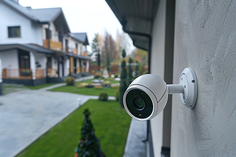 An IP camera is installed on the wall of a luxury house. The concept of protecting private property. Generated by royalty free illustration