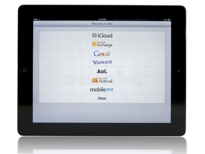 Ipad 3 with connection networks: Gmail, AOL, Yahoo, iCloud on white background. Ipad 3 with connection networks: Gmail, AOL, Yahoo, iCloud on white background